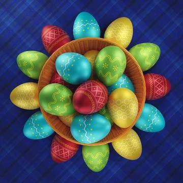 Colorful painted Easter eggs in wicker basket. Stock Illustration