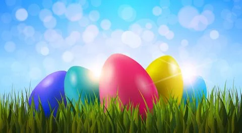 Colorful Painter Easter Eggs In Green Grass Over Blue Boker Blurred Sky Ilustração Stock