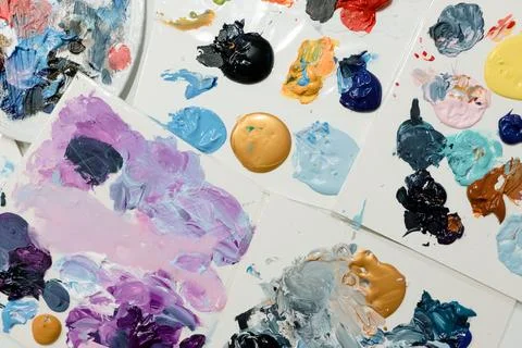 Colorful Palette: An Artists Array of Mixed Paints Stock Photos