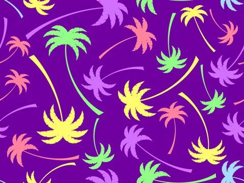 Colorful palm trees seamless pattern. Summer time, wallpaper with tropical .. Illustrazione stock