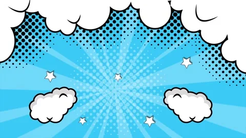 Colorful panels in a comic book style pop art on blue background with clouds and Stock Footage 293263910