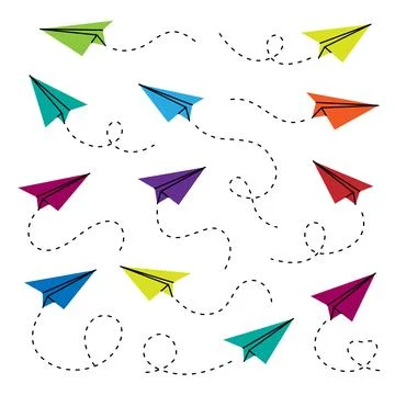 Colorful paper airplanes with dashed motion trails. Vector illustration of Stock Illustration