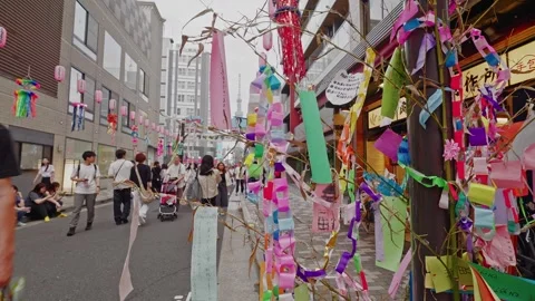 Colorful Paper Chains on Bamboo Branches, Tokyo Street Festival Stock Footage 344005155
