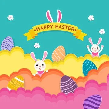 Colorful Paper Cut Clouds Background with Cheerful Bunnies Cartoon and Pain.. Stock Illustration