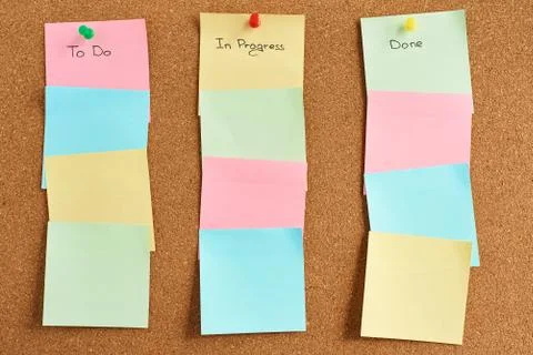 Colorful paper notes with words "To do", "In progress" and "Done" pinned on a Foto stock