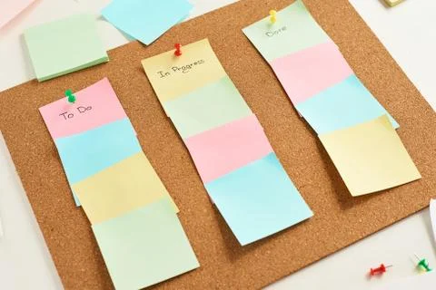 Colorful paper notes with words "To do", "In progress" and "Done" pinned on a Stock Photos