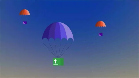 Colorful parachutes floating through a bright blue sky filled with fluffy w.. Video stock 313421653