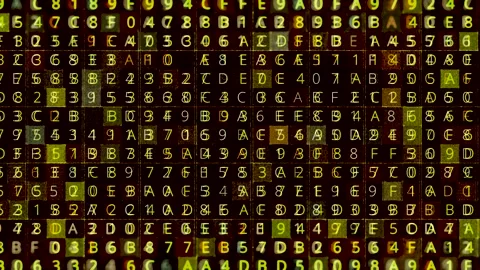 Colorful parallel rows of letters and numbers flickering fast on black Stock Footage 145066864