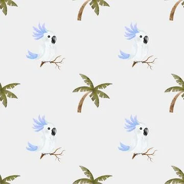 Colorful parrot pattern design featuring tropical palms on a light background 스톡 일러스트