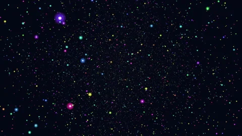 Colorful particle space background with glowing multicolored stars on dark sky Stockbeeldmateriaal 334139632