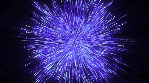 Colorful particles and strings spreading on a blue background. Motion. Moving Illustrazione stock