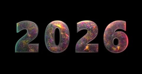 Colorful particles are inside the transparent ‘2026 lettering as it slides. Stock Footage 321804659
