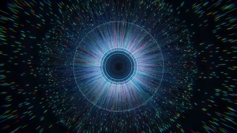 Colorful particles exploding from a glowing eye pupil dilating and contracting Stock Footage 300836784
