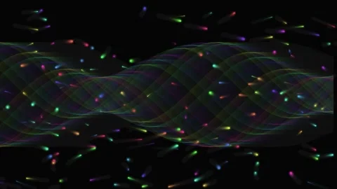 Colorful particles spiral through abstract digital wave motion. Video stock 342524977