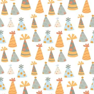 Colorful party hat pattern - orange, gray, and white cone hats on black Stock Illustration