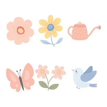 Colorful Pastel Elements Set of Bird Butterfly with Flower Floral and Water.. Stock Illustration