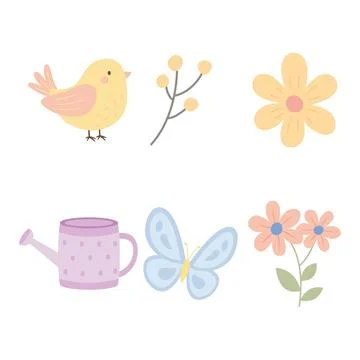 Colorful Pastel Elements Set of Bird Butterfly with Flower Floral and Water.. Stock Illustration