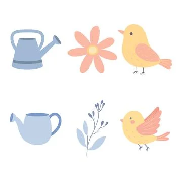 Colorful Pastel Elements Set of Bird with Flower Floral and Watering Plant .. Stock Illustration