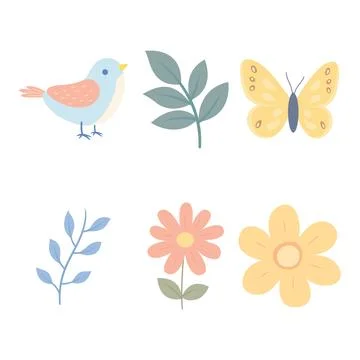 Colorful Pastel Elements Set of Bird Butterfly with Flower Floral in the Park Stock Illustration
