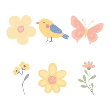 Colorful Pastel Elements Set of Bird Butterfly with Flower Floral in the Gard Stock Illustration