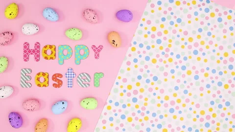 Colorful pastel Happy Easter stop motion with eggs and text Stock Footage 148193424