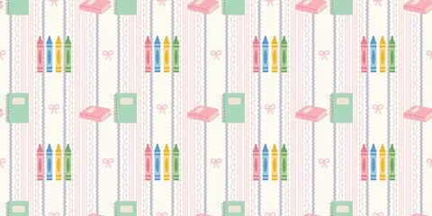 Colorful pastel pattern with crayons notebooks scissors and stitching lines Stock Illustration