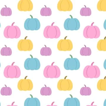 Colorful pastel pumpkins seamless pattern in flat cartoon style for autumn .. Stock Illustration