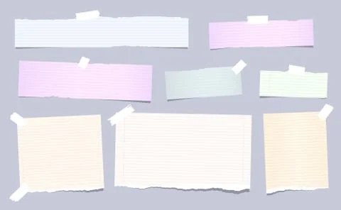 Colorful pastel, ripped, squared note, copybook, notebook paper strips stuck Stock Illustration