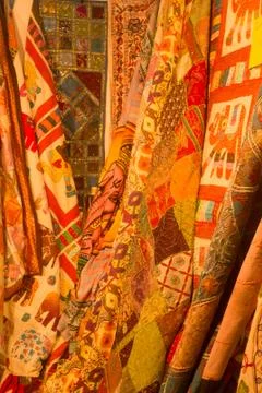 Colorful patchwork blanket of red and orange color Stock-Fotos
