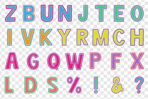 Colorful patchwork style capital letters and punctuation on transparent bac.. Ilustración de archivo