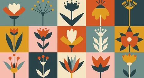 A colorful patchwork of various stylized flowers Illustrazione stock