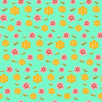 Colorful pattern with bees, flowers and honeycombs Stock Illustration