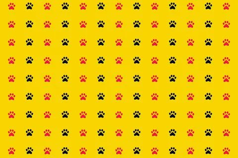 Colorful pattern of black and pink cat paws on yellow background. Seamless Stockillustratie