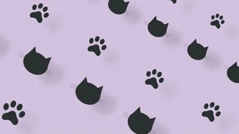 Colorful pattern of black cat heads and paws on purple background with shadows Video stock 169241882