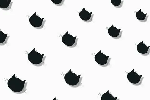 Colorful pattern of black cat heads on white background with shadows. Seamless 스톡 일러스트