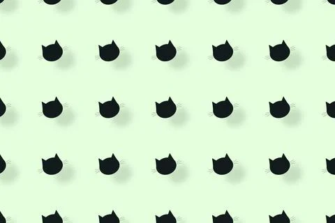 Colorful pattern of black cat heads on light green background with shadows 스톡 일러스트