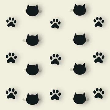Colorful pattern of black cat heads and paws. Seamless pattern with cat paw and 库存插图