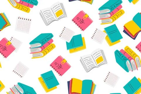 Colorful pattern of books and notebooks on white background Illustrazione stock