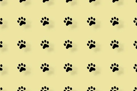 Colorful pattern of cat paws on yellow background with shadows. Seamless pattern Stock Illustration