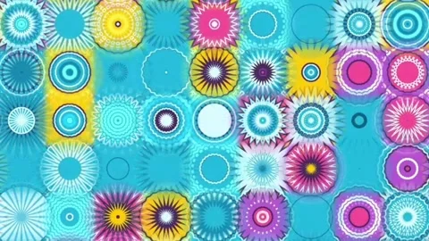 A colorful pattern of circles and flowers on a blue background Stock Footage 248856773