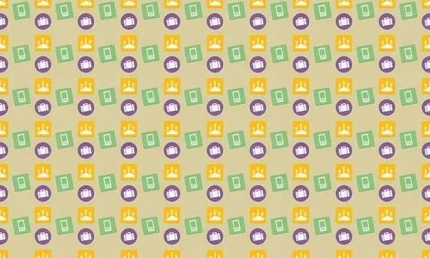 Colorful pattern of circles and squares on a yellow background Stock Illustration