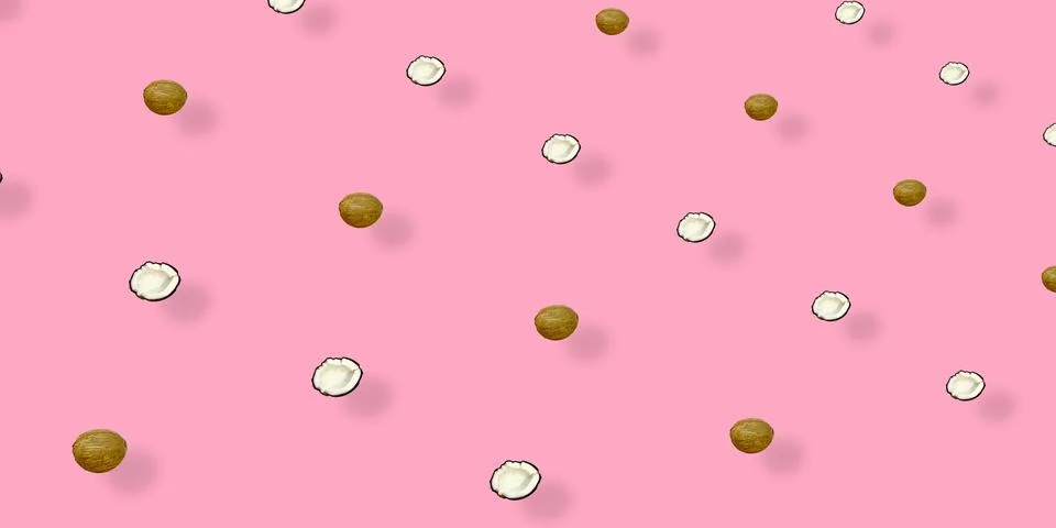 Colorful pattern of coconuts on pink background with shadows. Top view. Flat lay Foto stock