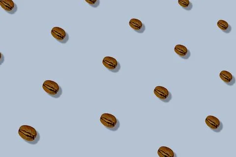 Colorful pattern of coffee beans on grey background with shadows. Top view. Flat Foto stock