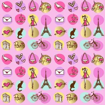 Colorful pattern design. Paris theme. Decorative tile. Seamless pattern. Illustrazione stock
