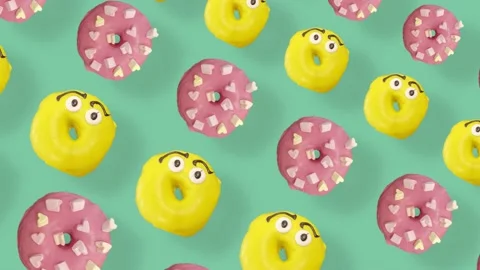 Colorful pattern of donuts isolated on green background with shadows. Seamless Stock Footage 167486554