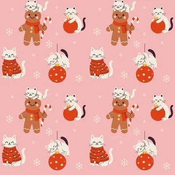 Colorful pattern featuring playful cats and festive gingerbread cookies Stock-Illustration