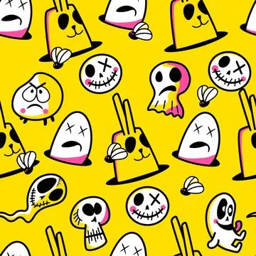 Colorful pattern featuring playful spooky characters with ghosts and skulls.. Stock Illustration