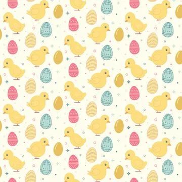 Colorful pattern featuring yellow chicks and an assortment of Easter eggs Stock Illustration