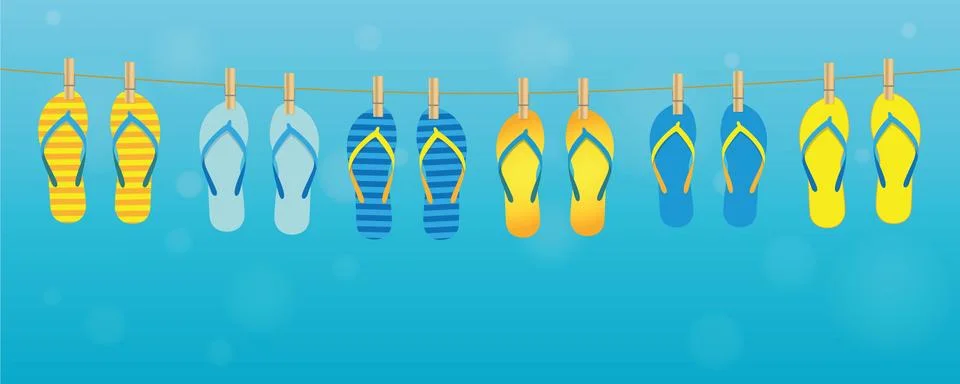 Colorful pattern flip flops hanging on a rope on turquoise background Stock Illustration
