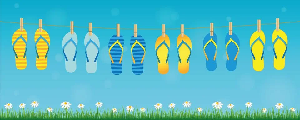Colorful pattern flip flops hanging on a rope on turquoise background with green Stock Illustration